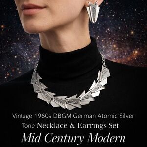 Vintage 1960s DBGM German Atomic Silver Tone Necklace & Earrings Set